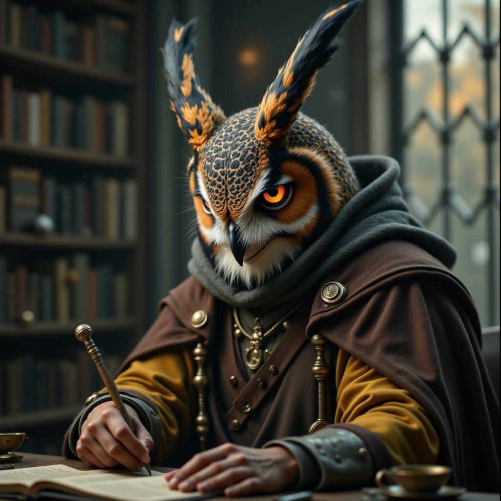 Theriocephalic Wizard with Owl Head in Study Tower