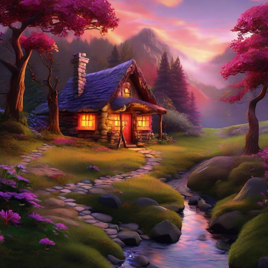 Enchanted Cabin by Stream Under Dreamy Gradient Sky