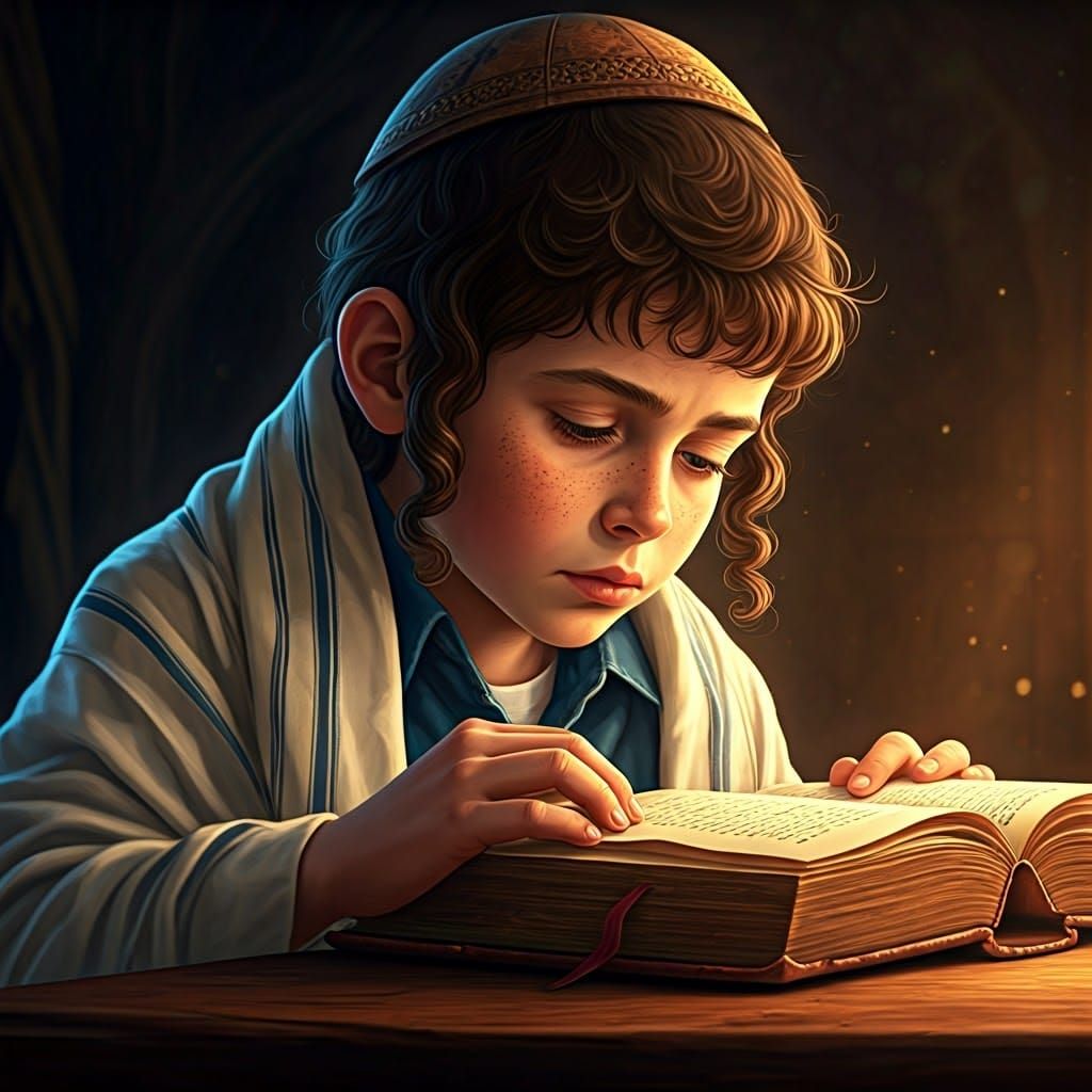 Jewish Boy Studies Ancient Leather-Bound Tome