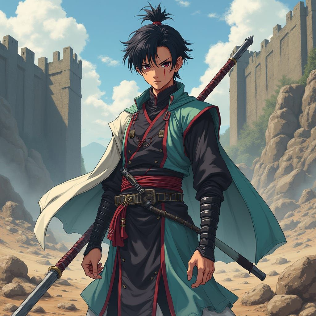 Anime Warrior Stands Tall on Battle-Scarred Battlefield