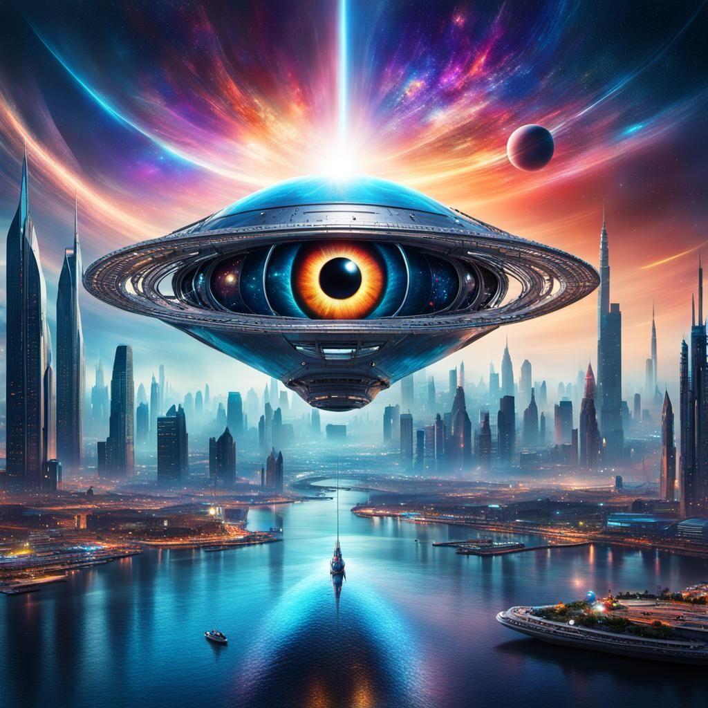 Futuristic Eye Spaceship Over Cosmic Cityscape