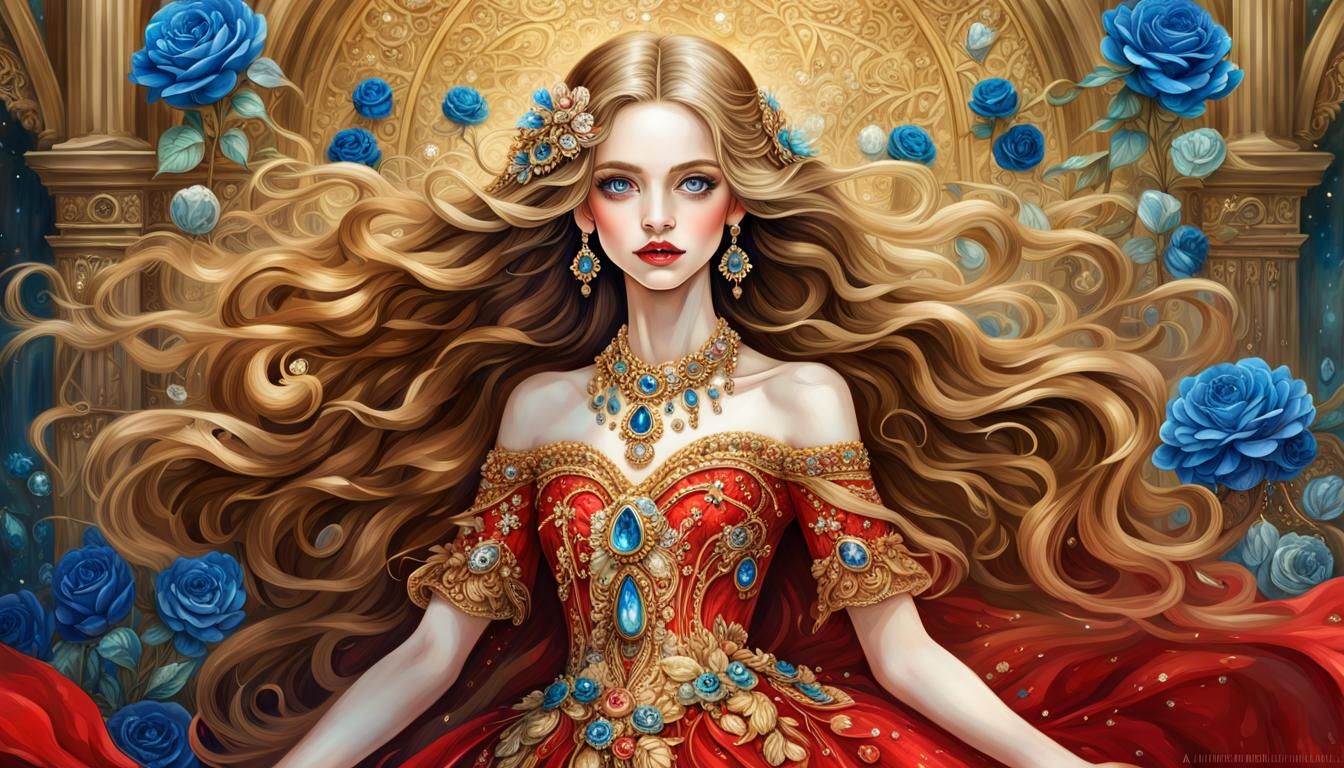 Stunning Girl in Red and Gold Art Nouveau Dress