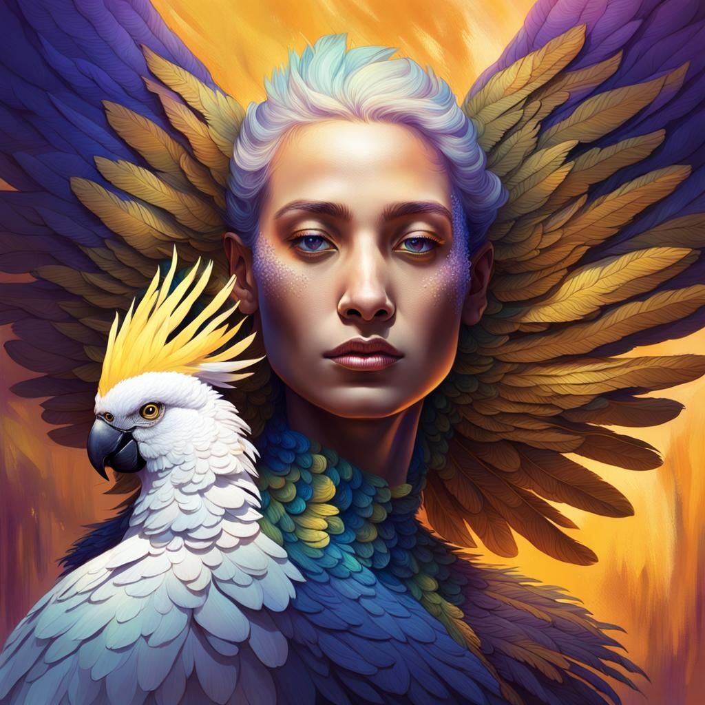 Woman with Cockatoo Wings in Art Nouveau Style