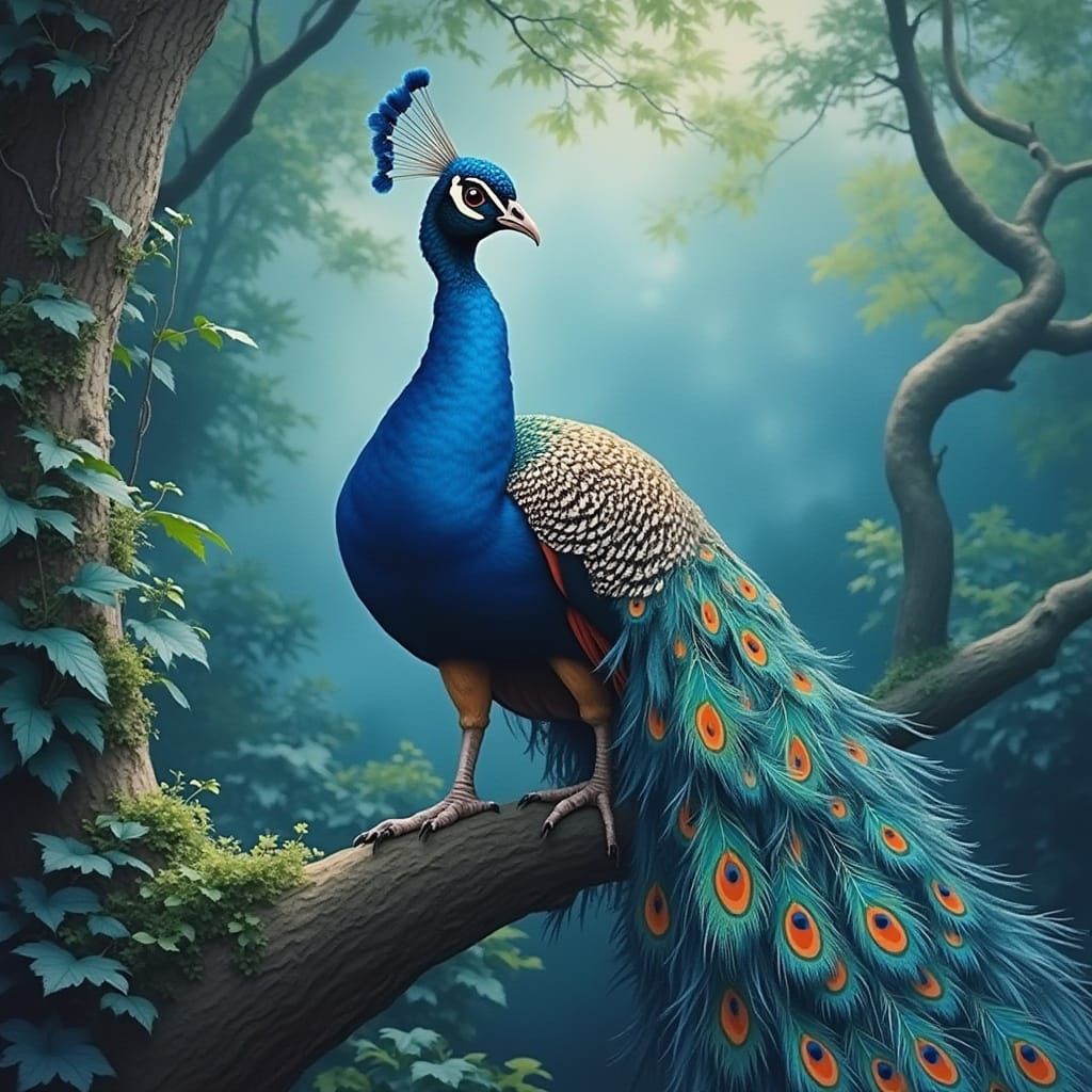 A beautiful peacock perched on a tree branch. The "peacock has hundreds of brilliant bright orange and blue feathers" Hi...