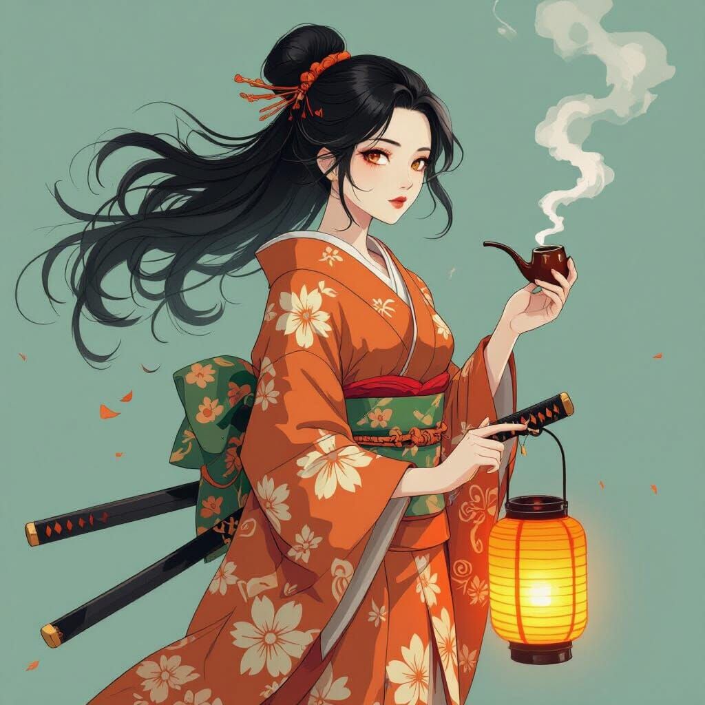Levitating Yurei with Fiery Lantern and Bloody Katana