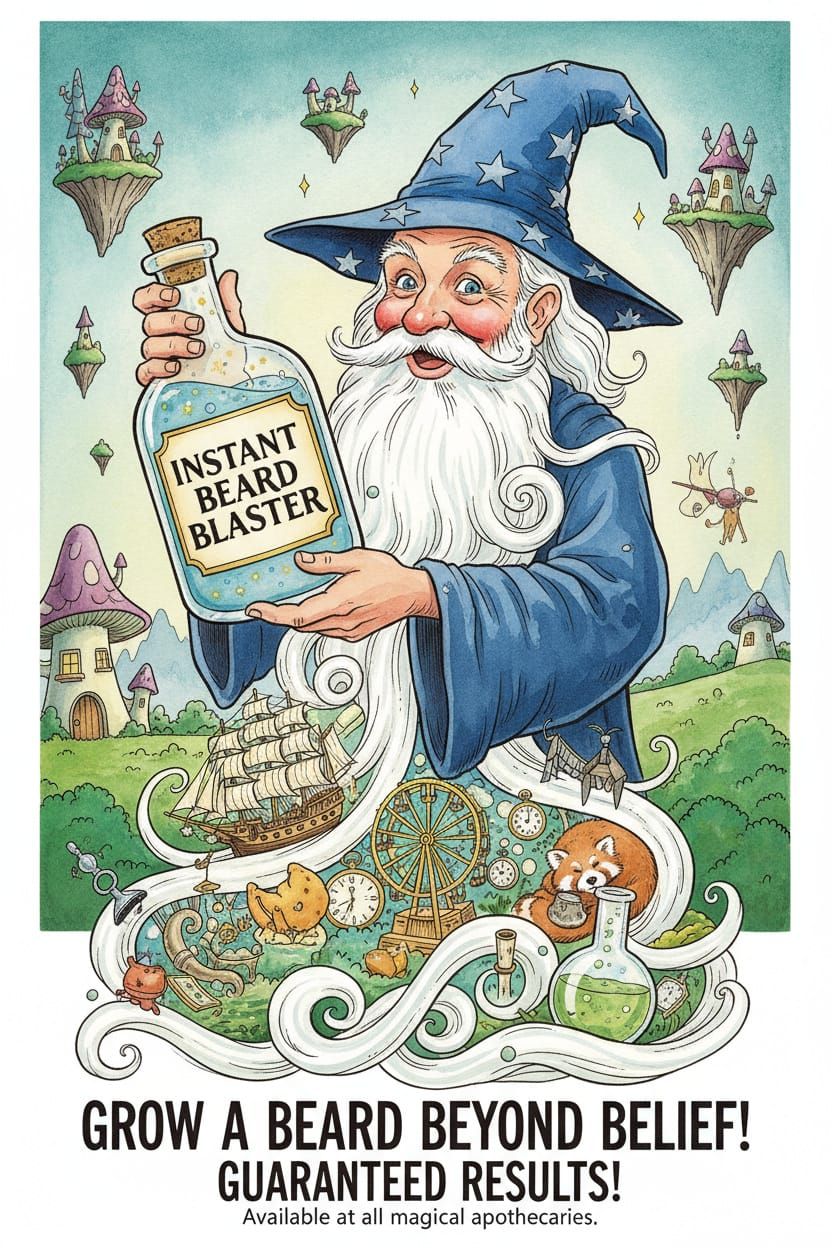 Wizard Holds Beard Blaster Potion with Unexpected Items in B...