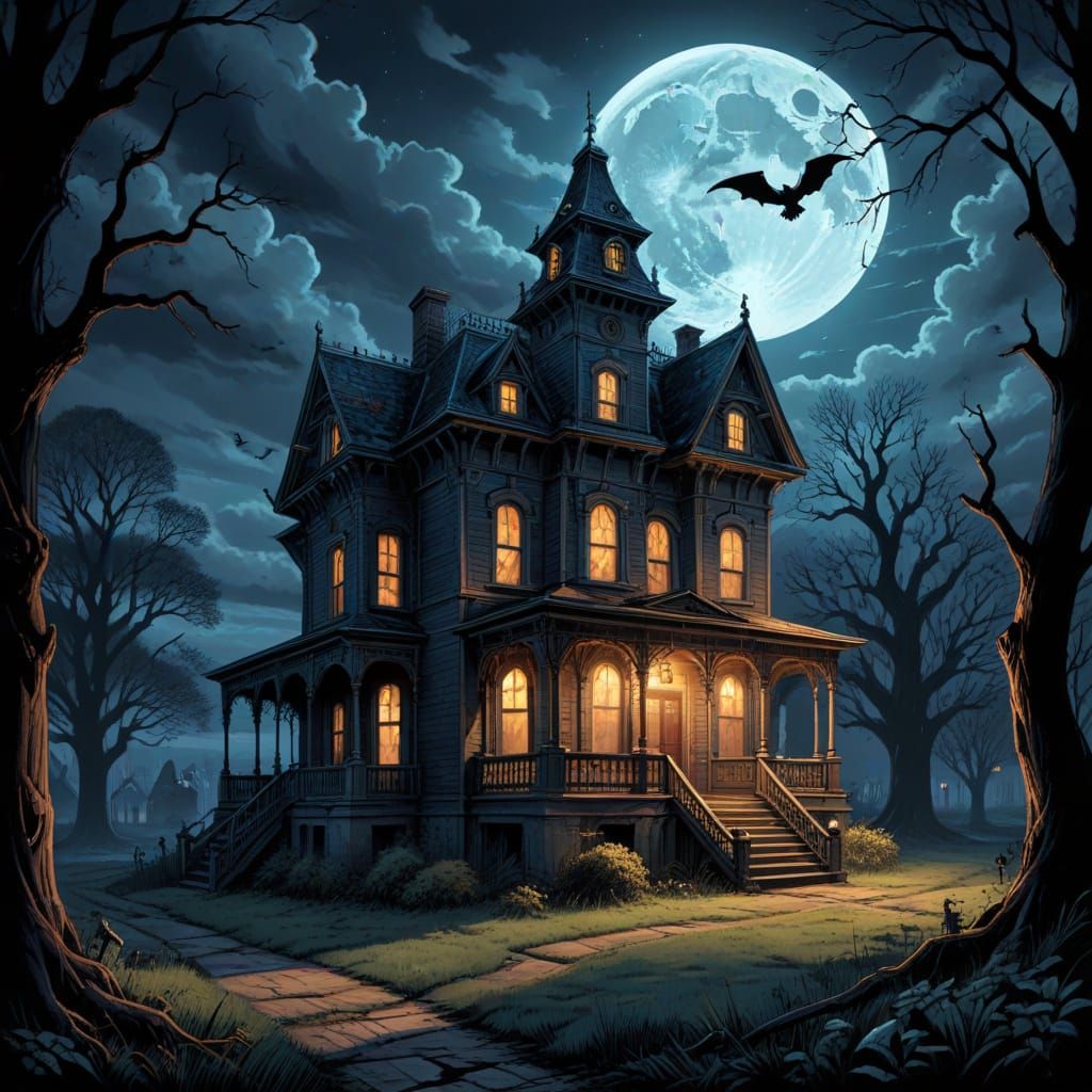 Vintage Haunted Mansion in Gothic Comic Book Style