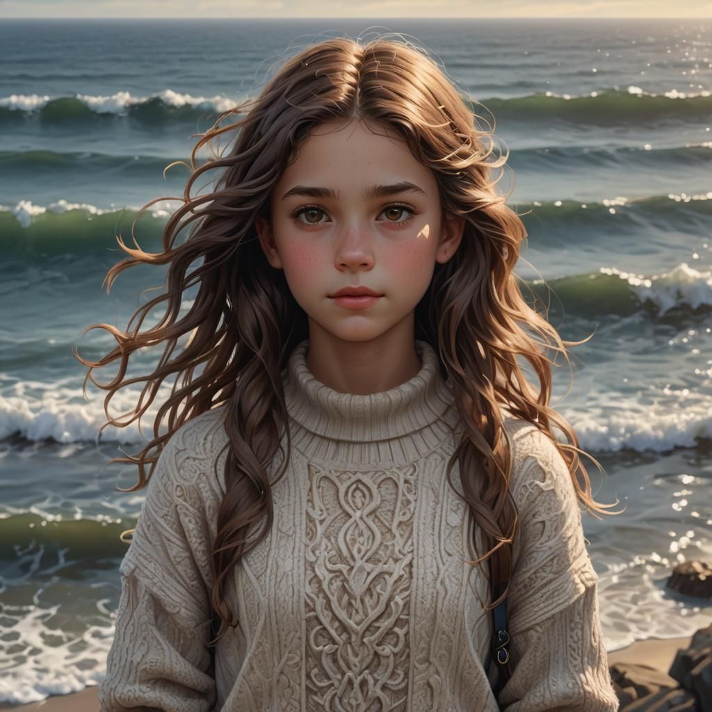 Girl with Wavy Hair by Ocean: Digital Art