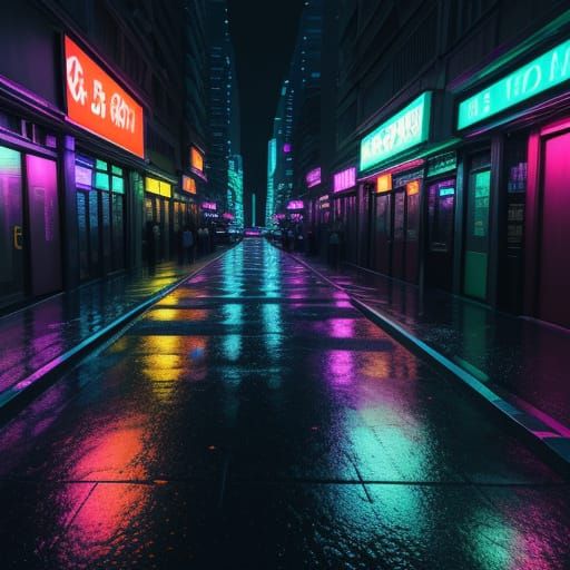 Colorful City at Night in Neon Noir Style