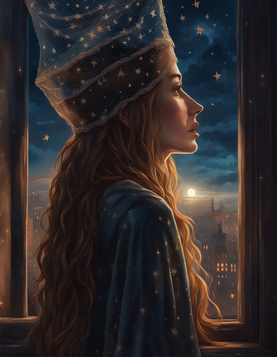 Woman in Hennin Headdress Gazing at Night Sky