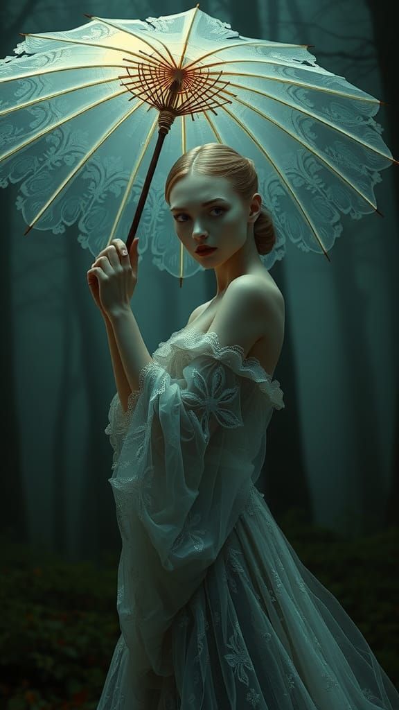 Ethereal Woman with Umbrella in Mystical Forest