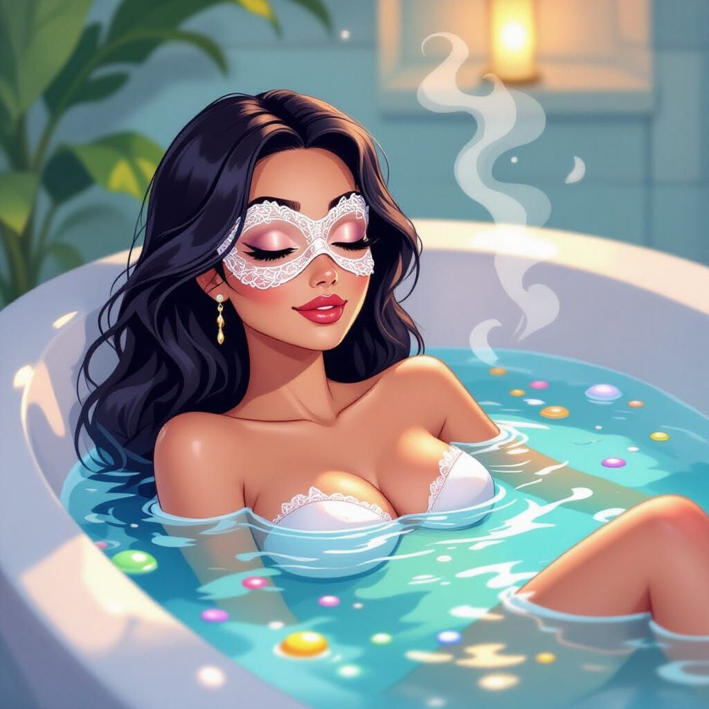Woman Relaxing in a Steaming Bath in 2D Cartoon Style