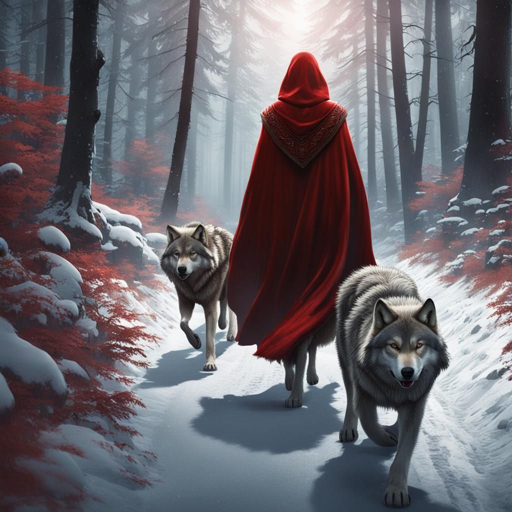 Woman in Red Cape with Wolves on Forest Path