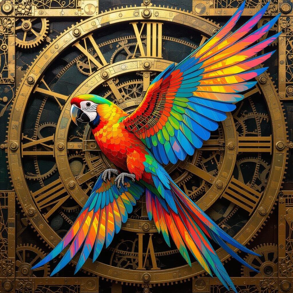 Iridescent Parrot with Mechanical Wing in Bauhaus Style