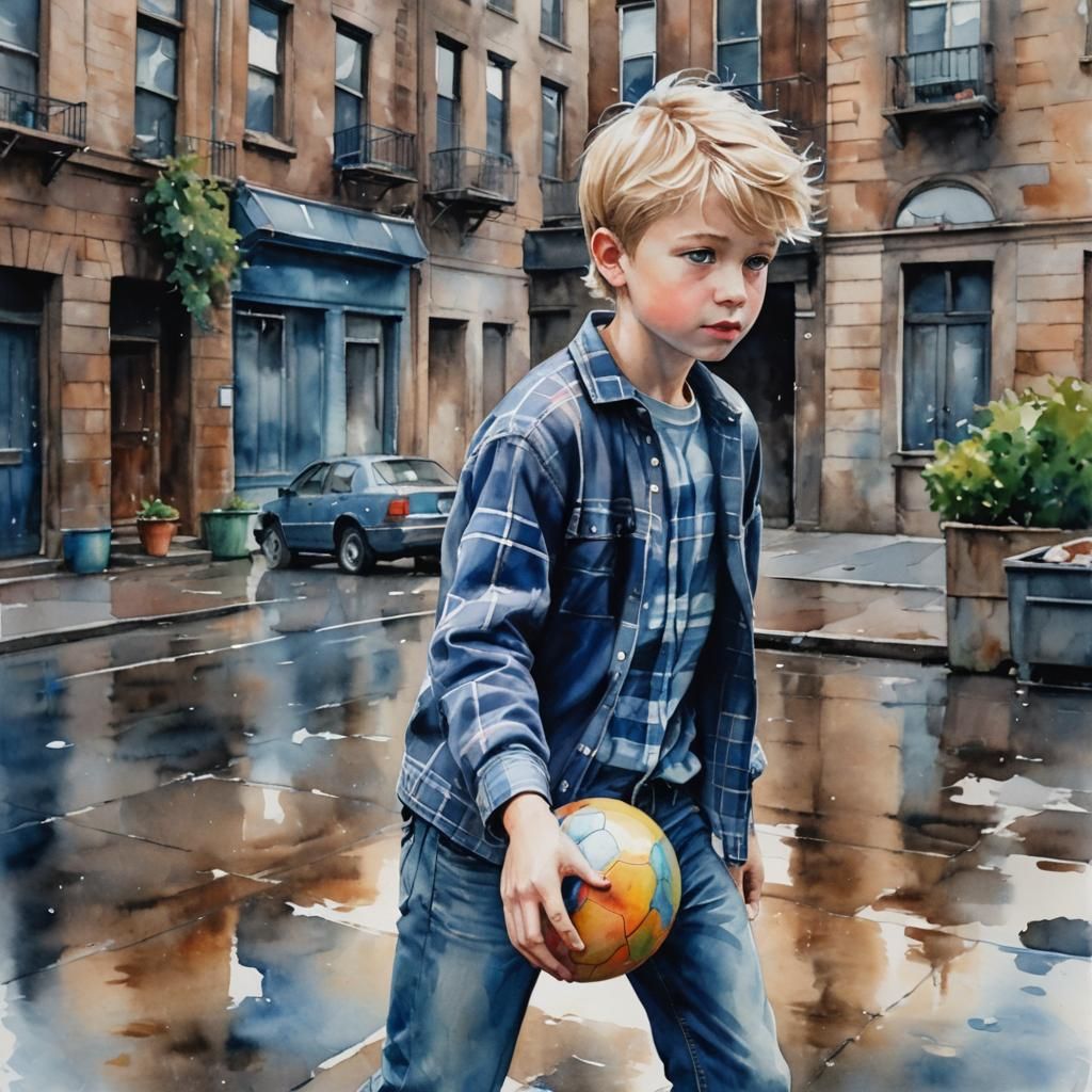 Boy Plays Ball in Yard, Watercolor Painting