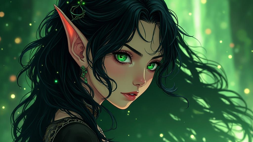 Elegant Dark Elf Maiden in Vibrant Anime Style
