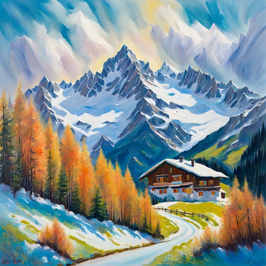 Magical Swiss Alps Landscape in Gouache Style