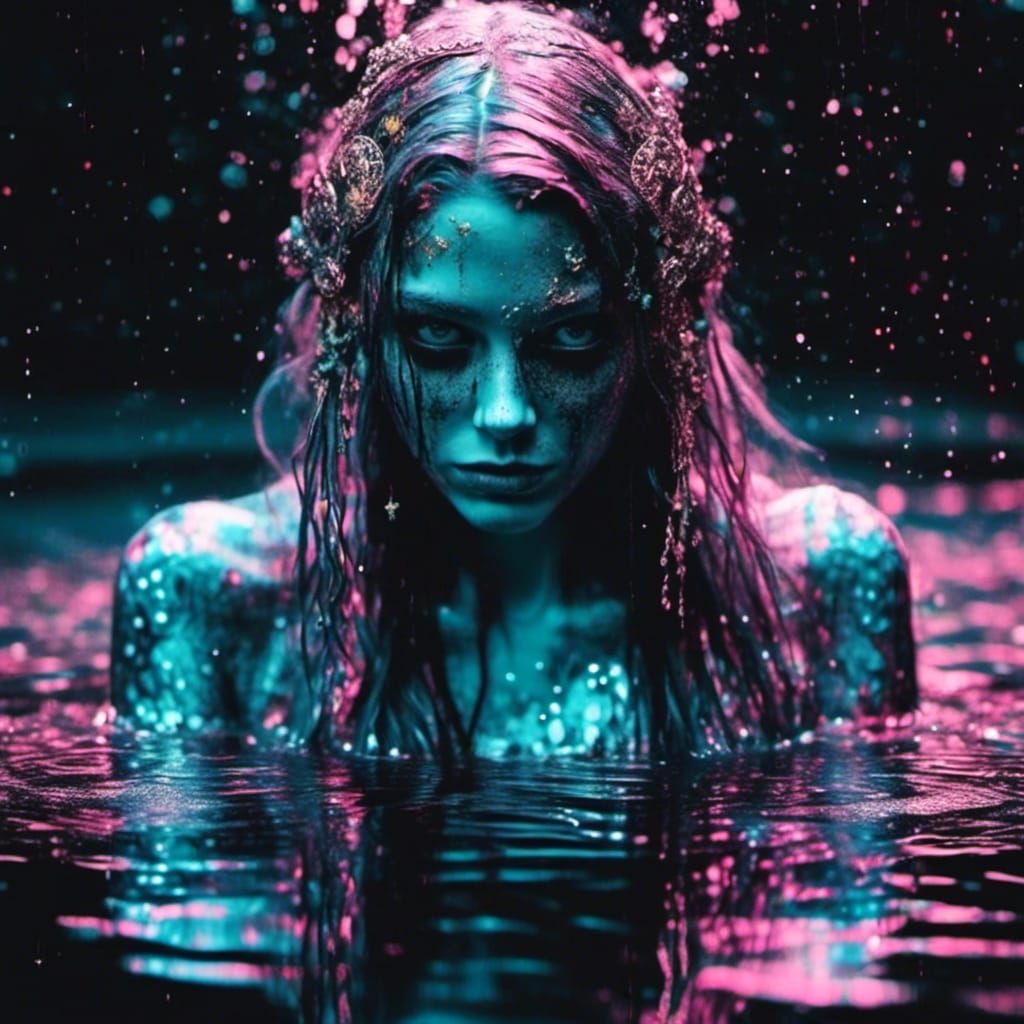 Ethereal Mermaid with Glowing Eyes in a Midnight Pond