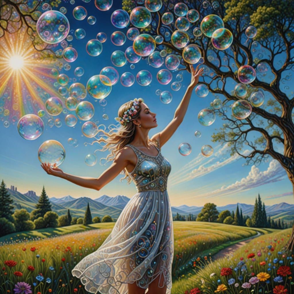 Young Woman Enchants with Colorful Bubbles in a Vibrant Art ...