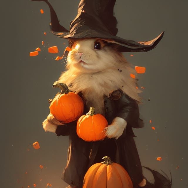 Cute Rabbit Witch with Pumpkins: Hyperrealistic Art