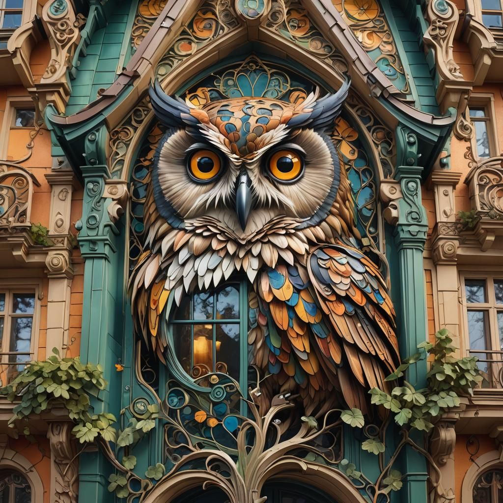 Art Nouveau Owl House Façade in Hyperrealistic Style
