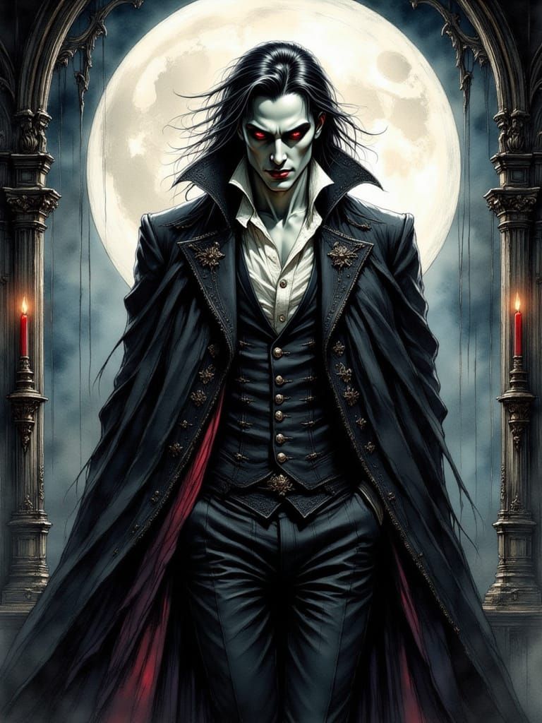 Elegant Vampire Man in Moonlit Ink Drawing Style