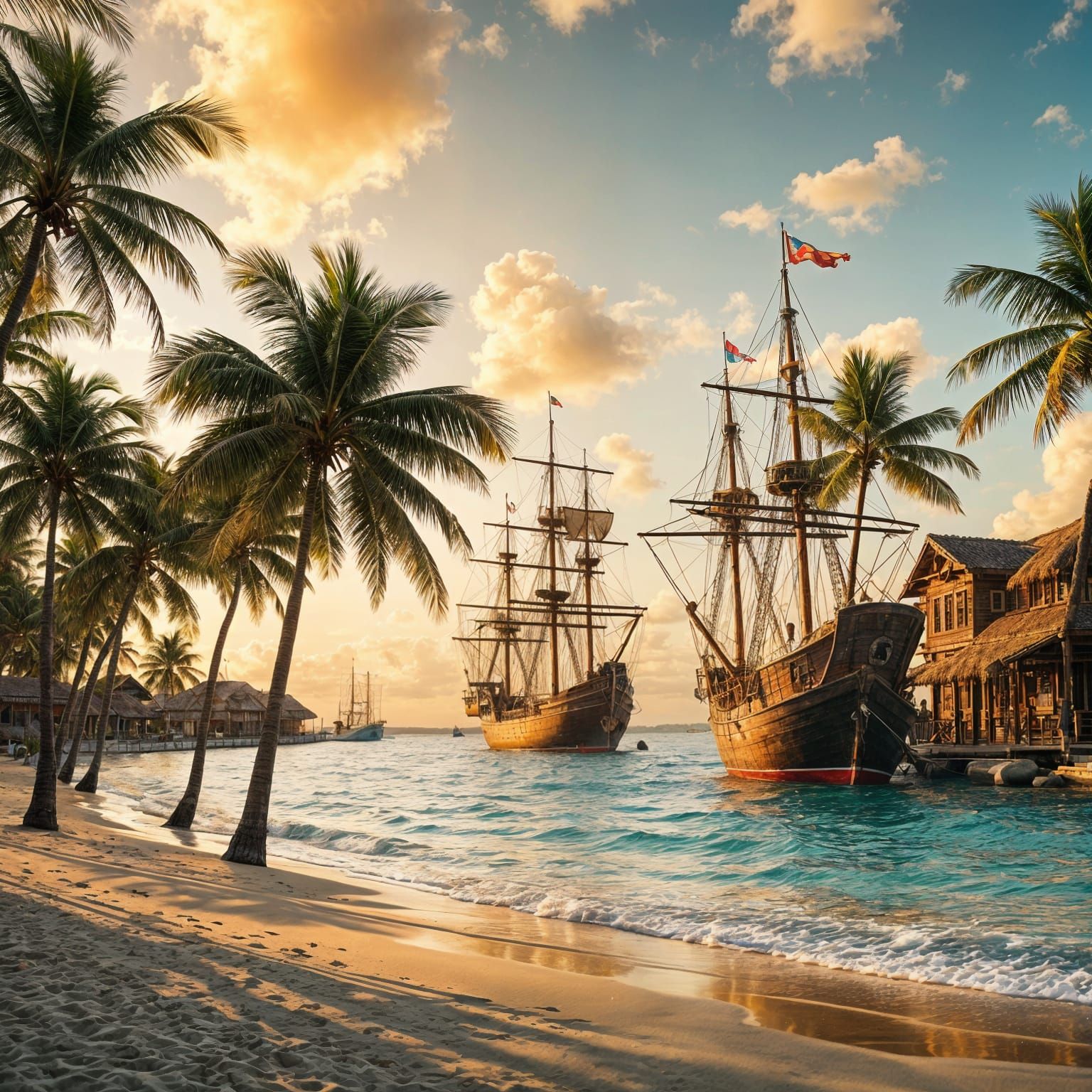 Tropical Beach Sunset with Pirate Ship and Town