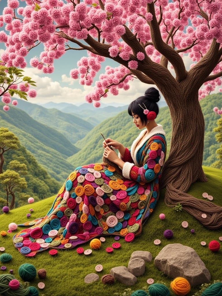 Woman Knitting Under Cherry Blossoms, Dulled Colors