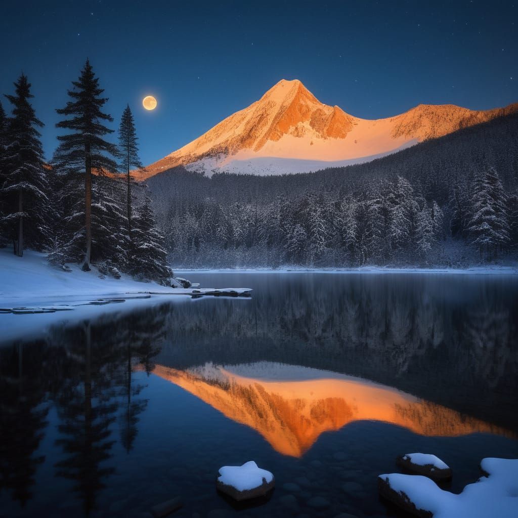 Moonlit Serenity: A Magical Snowy Mountain Scene