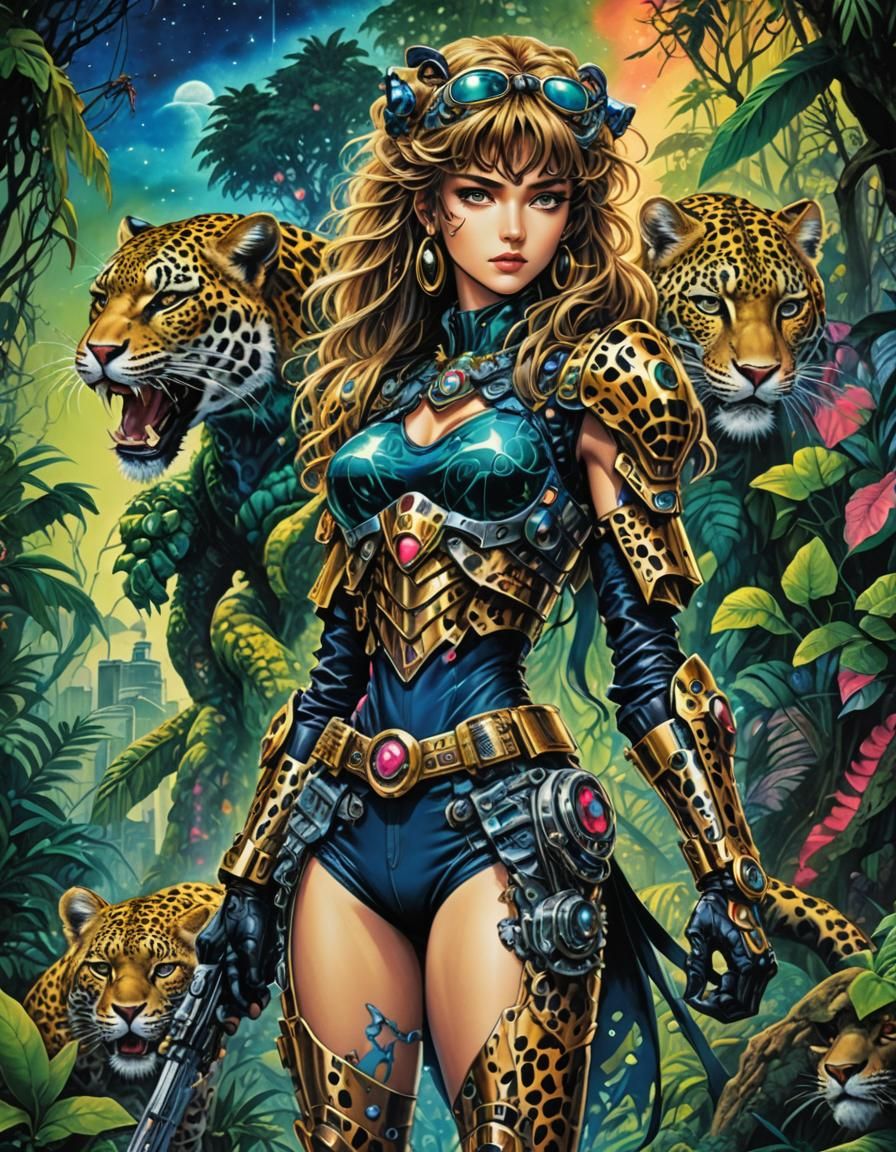 Biopunk Leopard Lady in 80s Anime Style