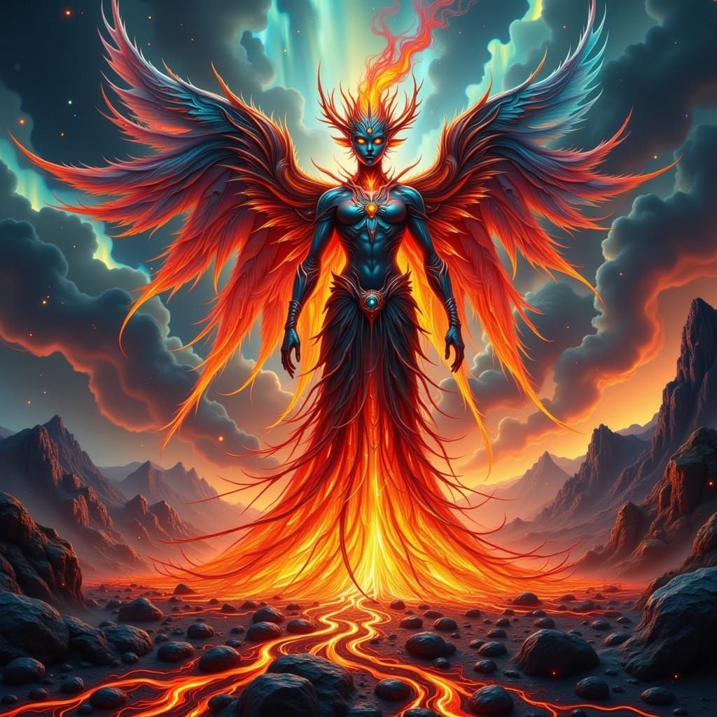 Majestic Volcano Elemental in Dark Futuristic Style