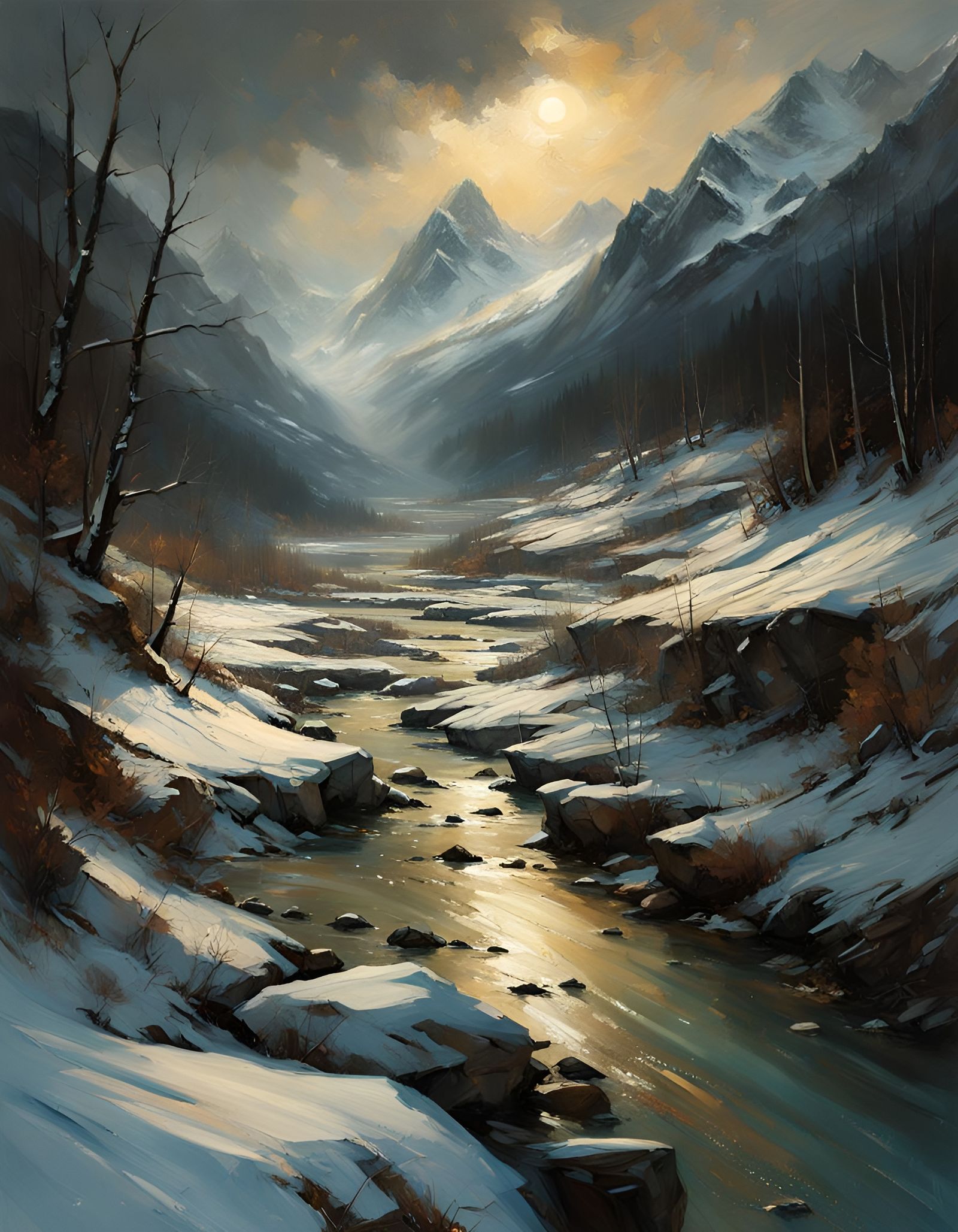 Epic Winter Riverscape with Starry Night