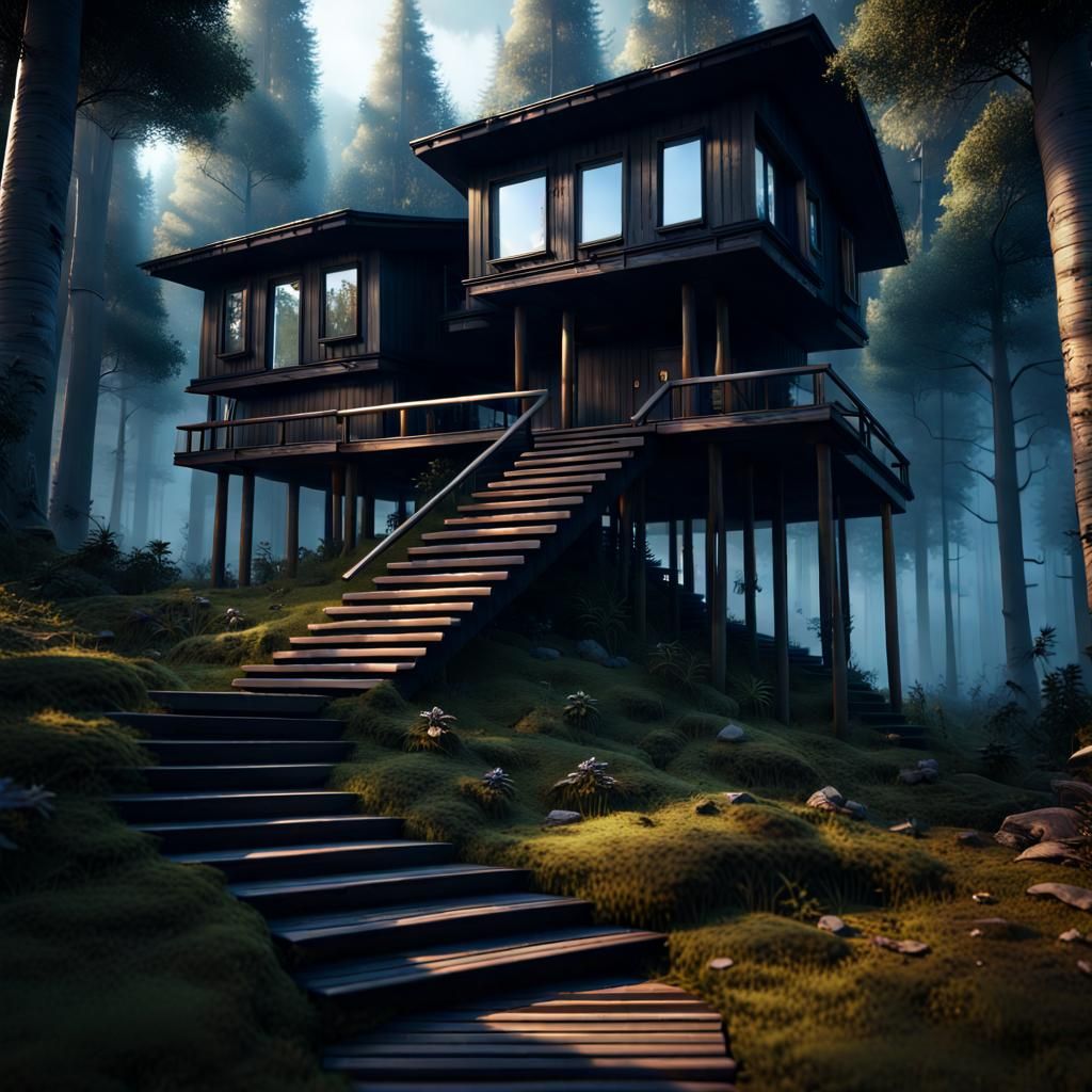 Modern Wooden Stilt House in Forest Clearing