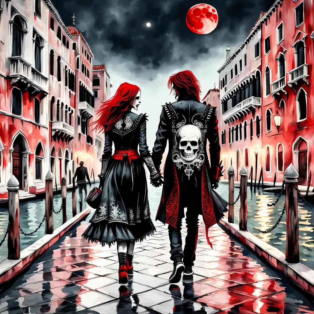 Gothic Couple in Venice Under Red Moon