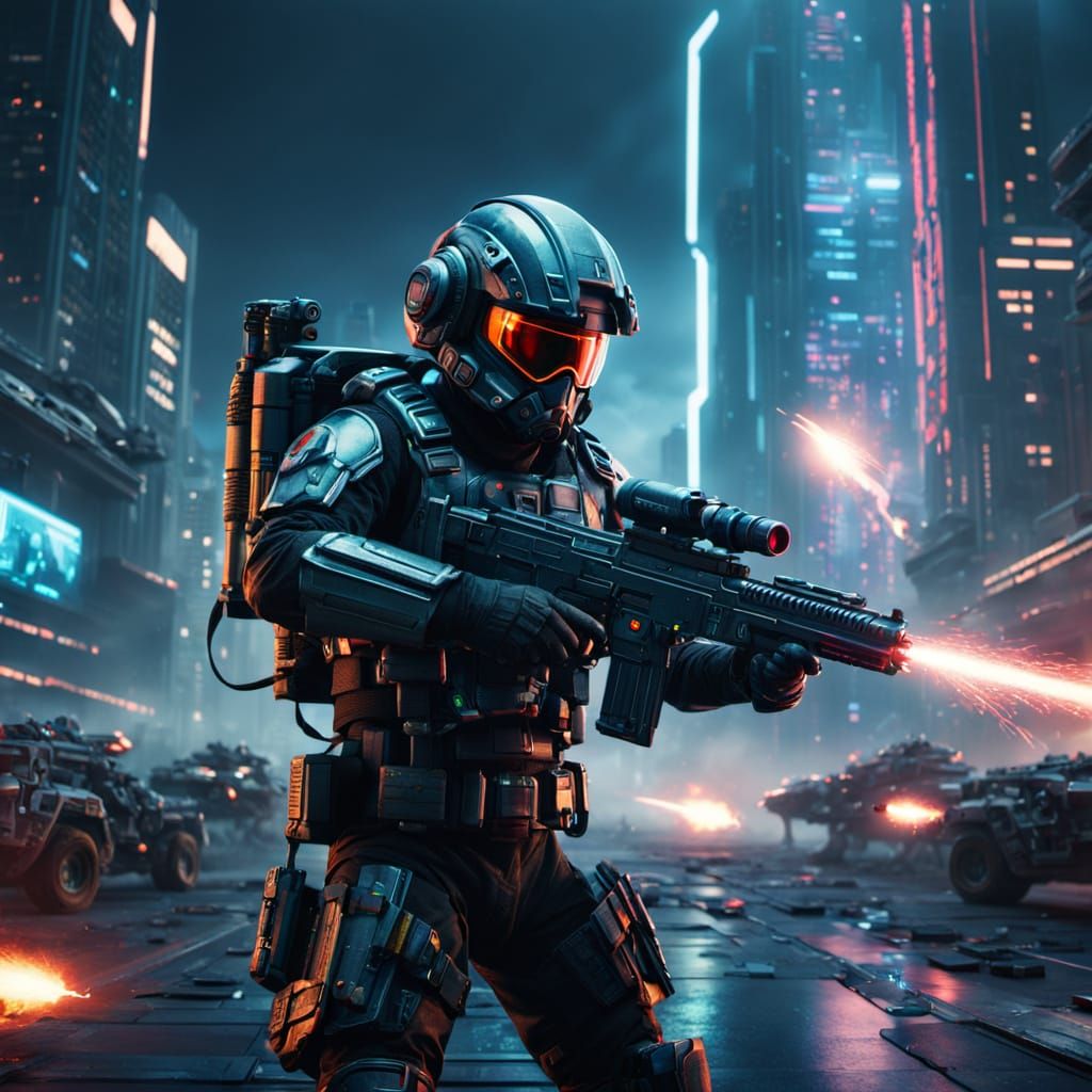 Futuristic Soldier Fires Laser Gun in Cinematic Sci-Fi Scene