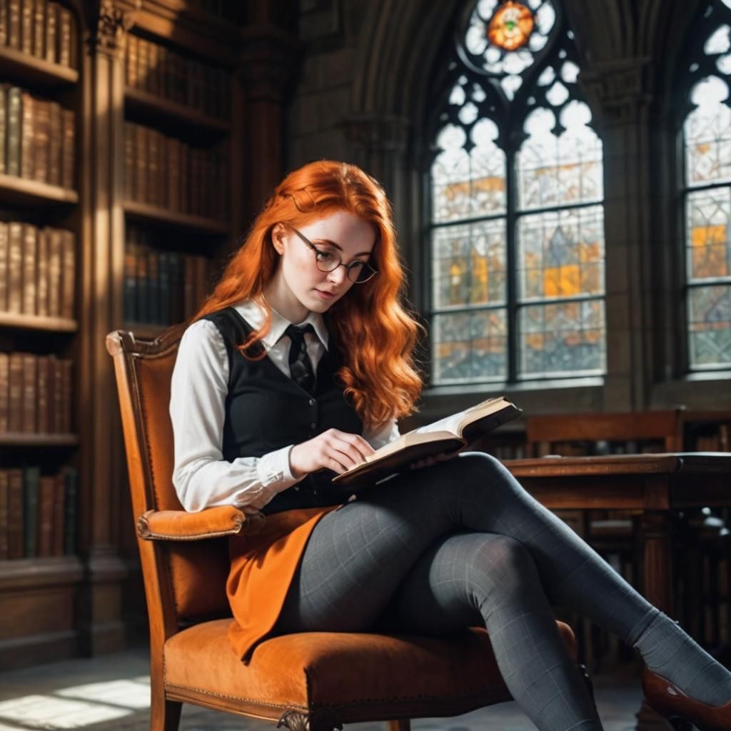 Redhead Reads in Gothic Library: Photorealistic Image