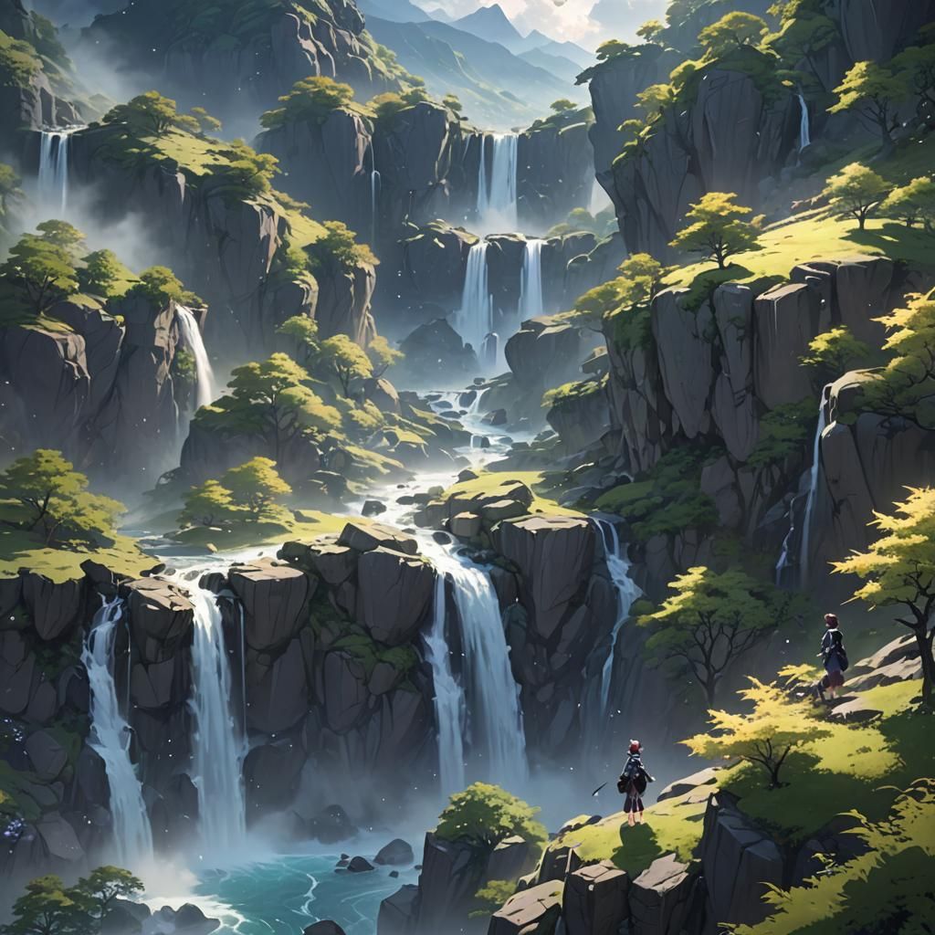 Anime 3D Figure in Spiritual Mountain Landscape