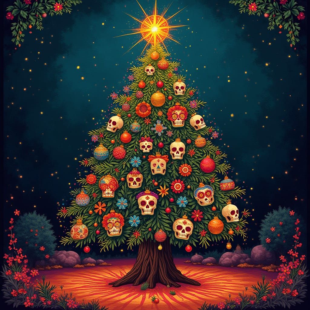 Day of the Dead Christmas Tree with Folk Art Style