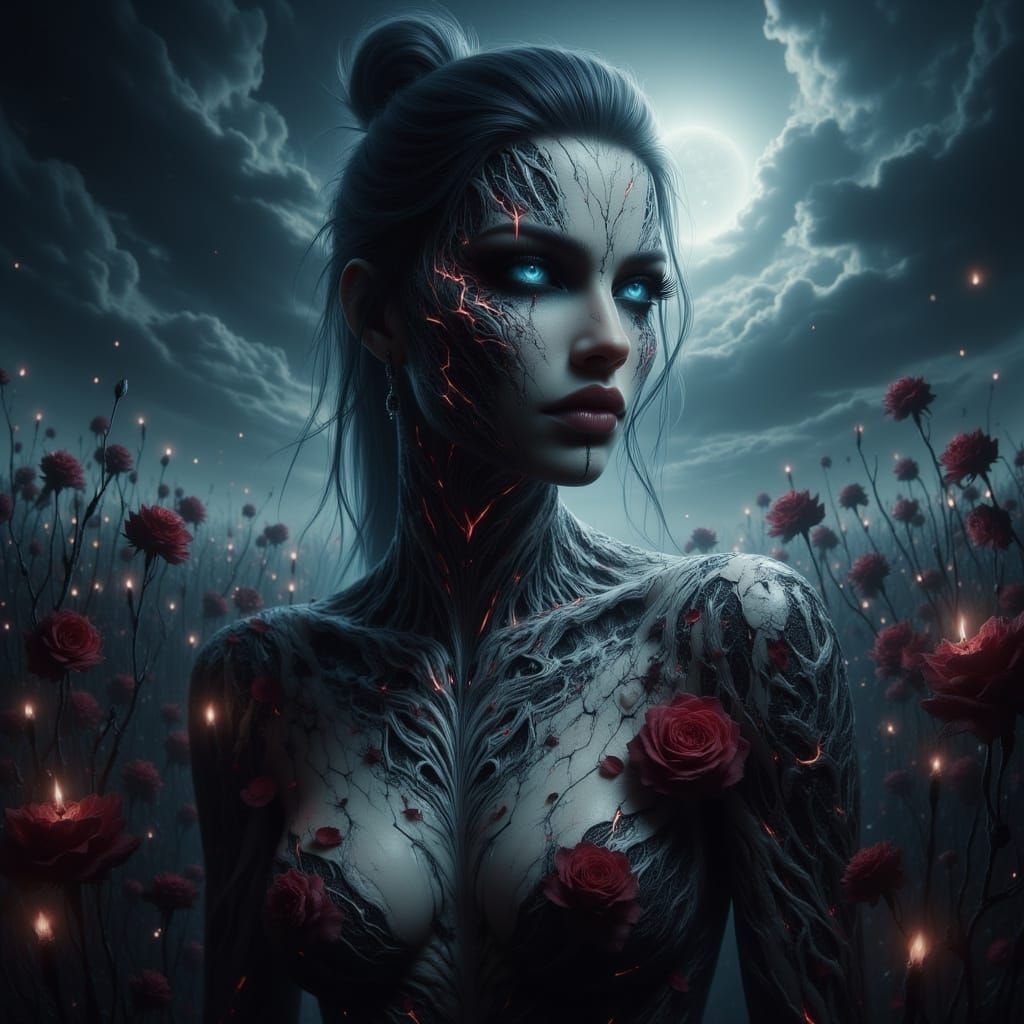 Ethereal Woman with Dark Tattoos in Wilting Rose Field