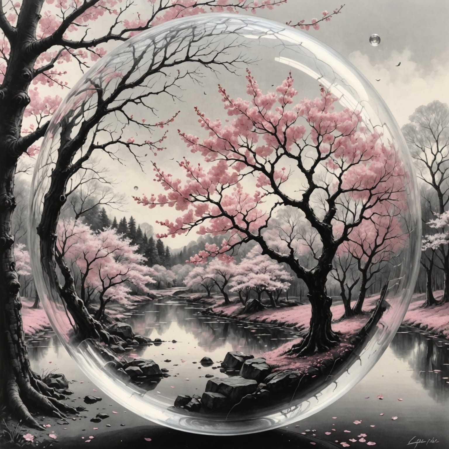 Serene Cherry Blossom Landscape in Elegant Charcoal Drawing