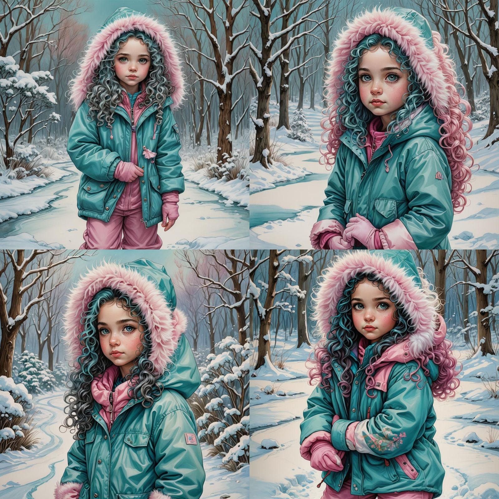 Turquoise-Haired Girl with Snowball: Fantasy Art Portrait