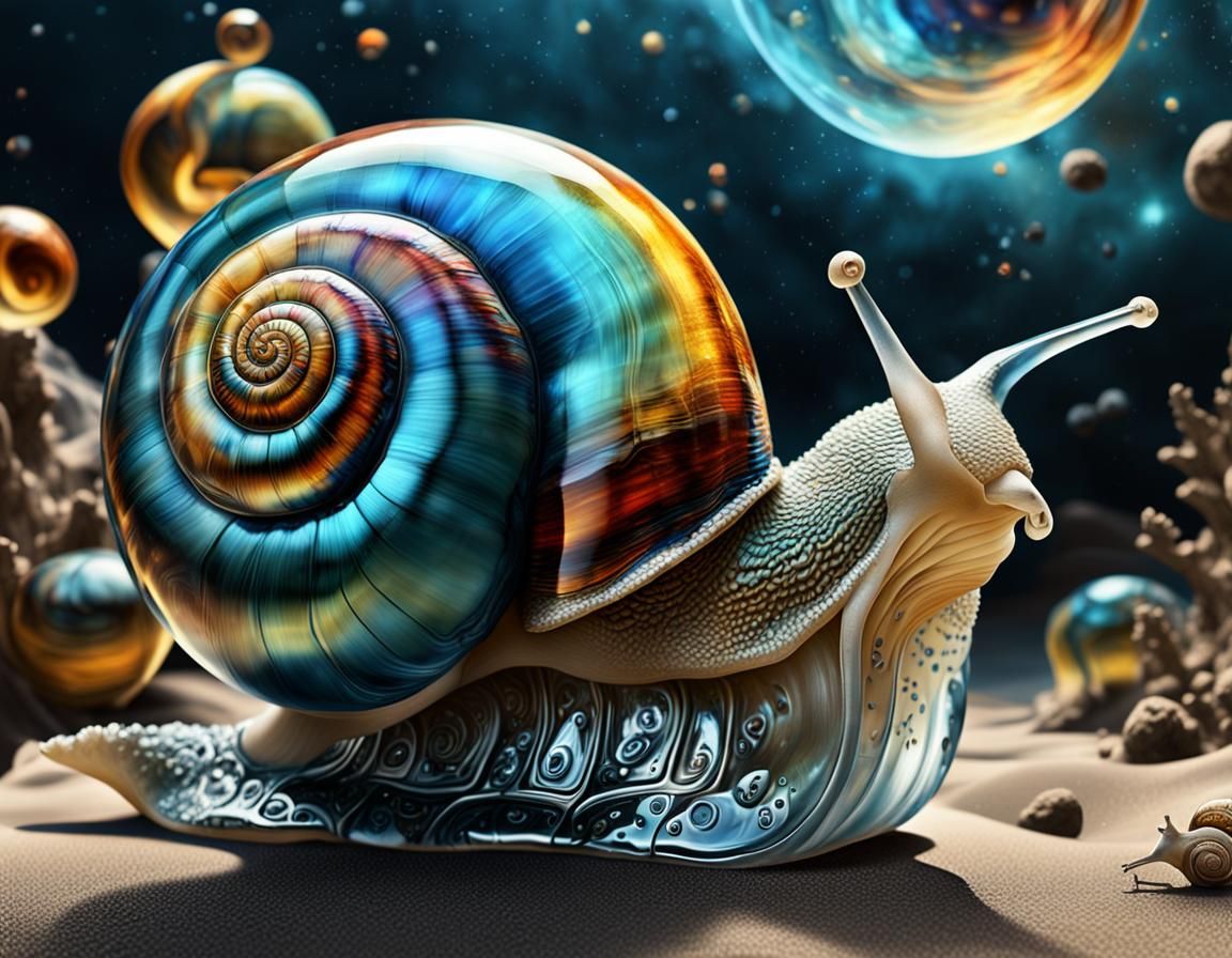 Dali-esque Glass Snail Universe: Photoreal Astro-Punk