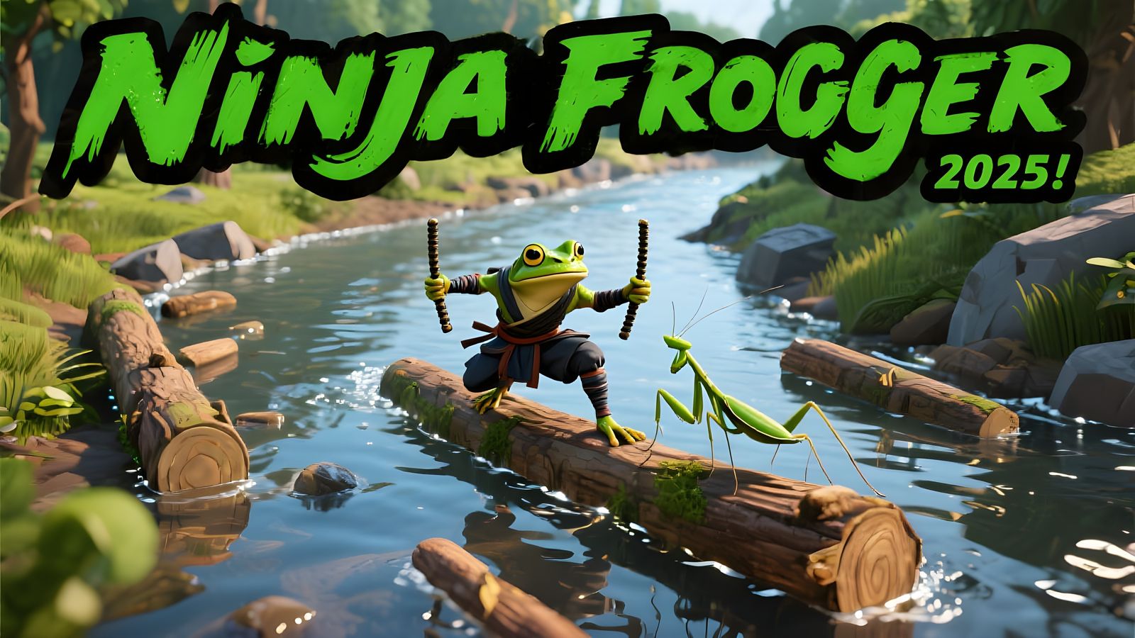 Ninja Frog vs. Praying Mantis on River Log