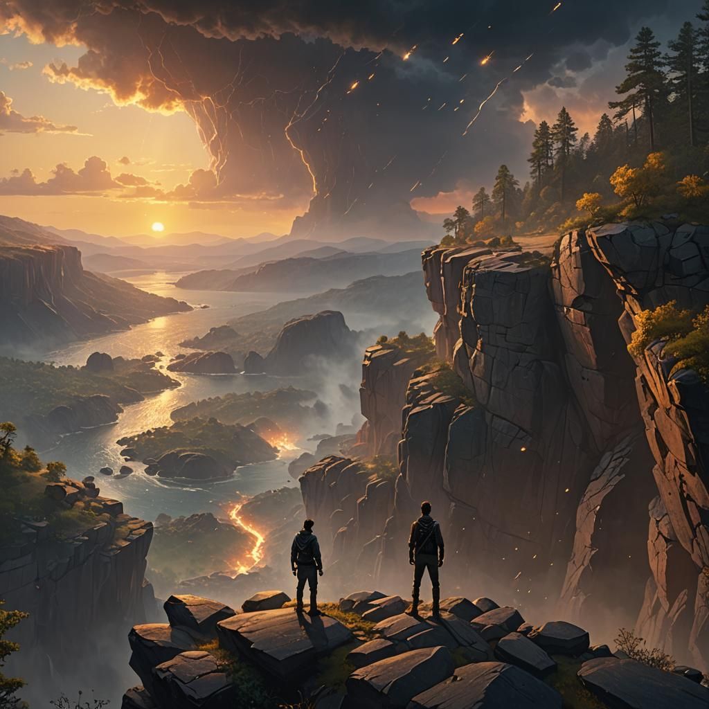 Person on Cliff at Sunset in Digital Painting Style