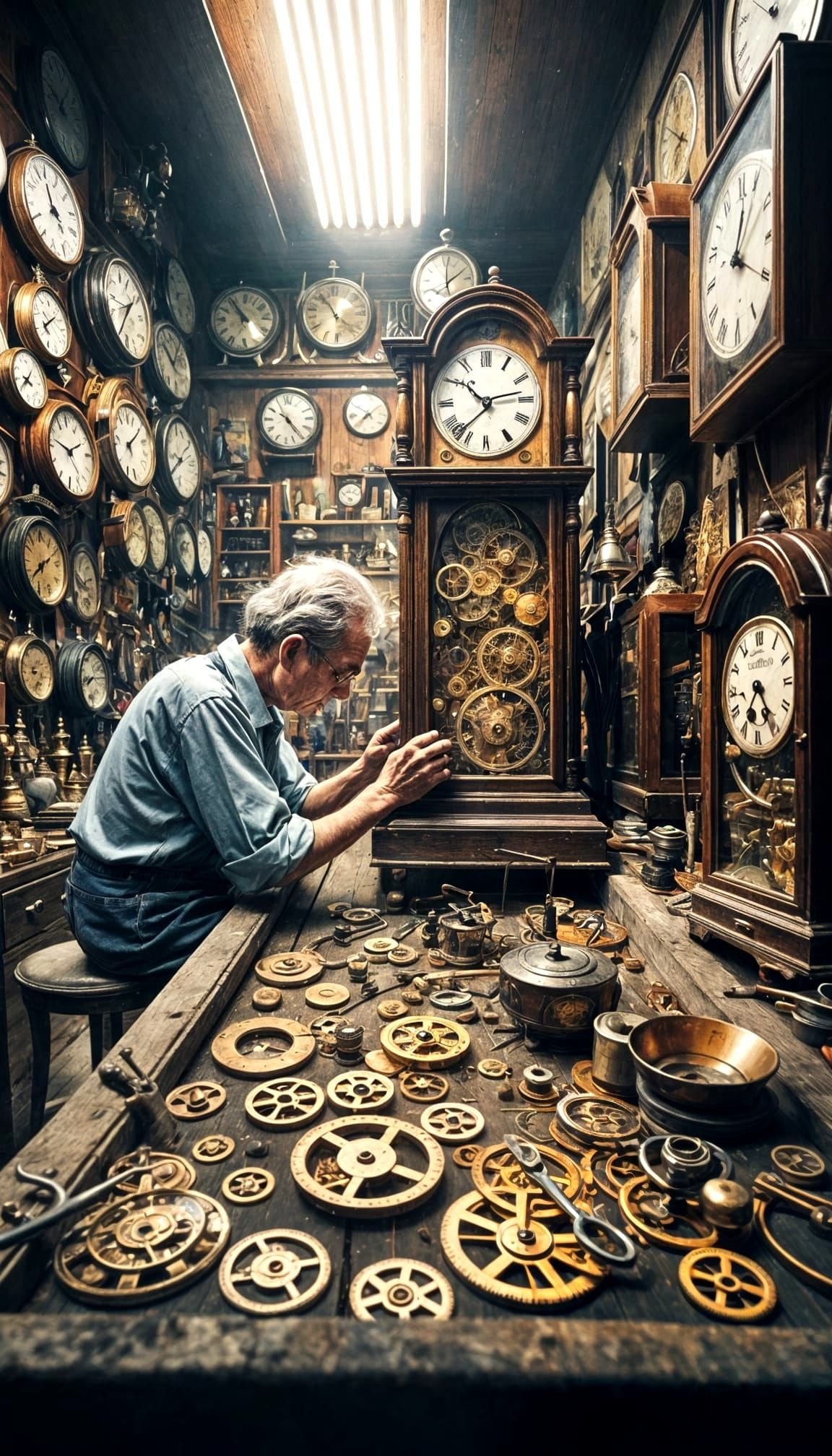 Elderly Asian Clockmaker at Work in Antique Shop