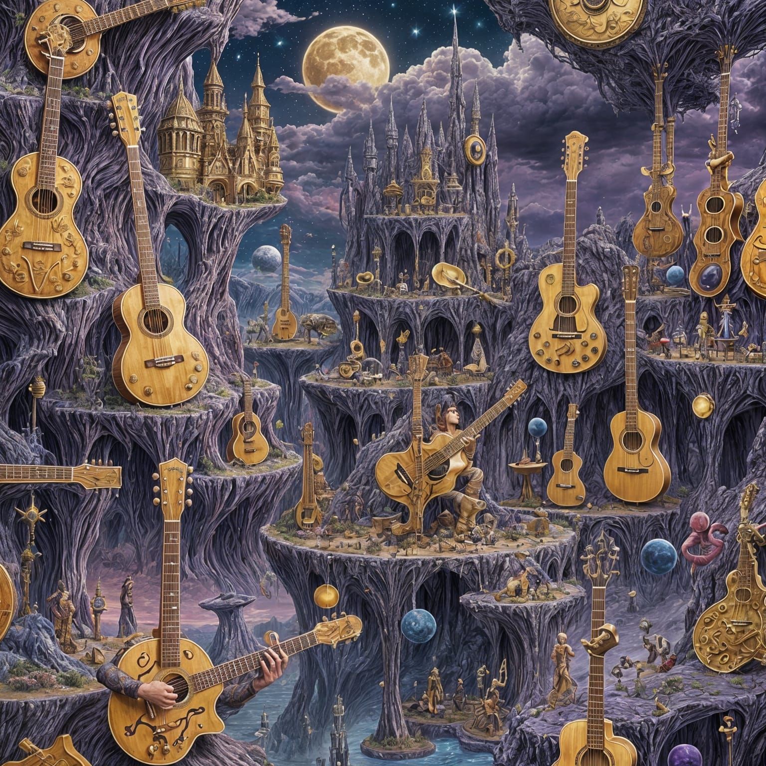 Surreal Guitar Planet in Ethereal Outdoor Theater
