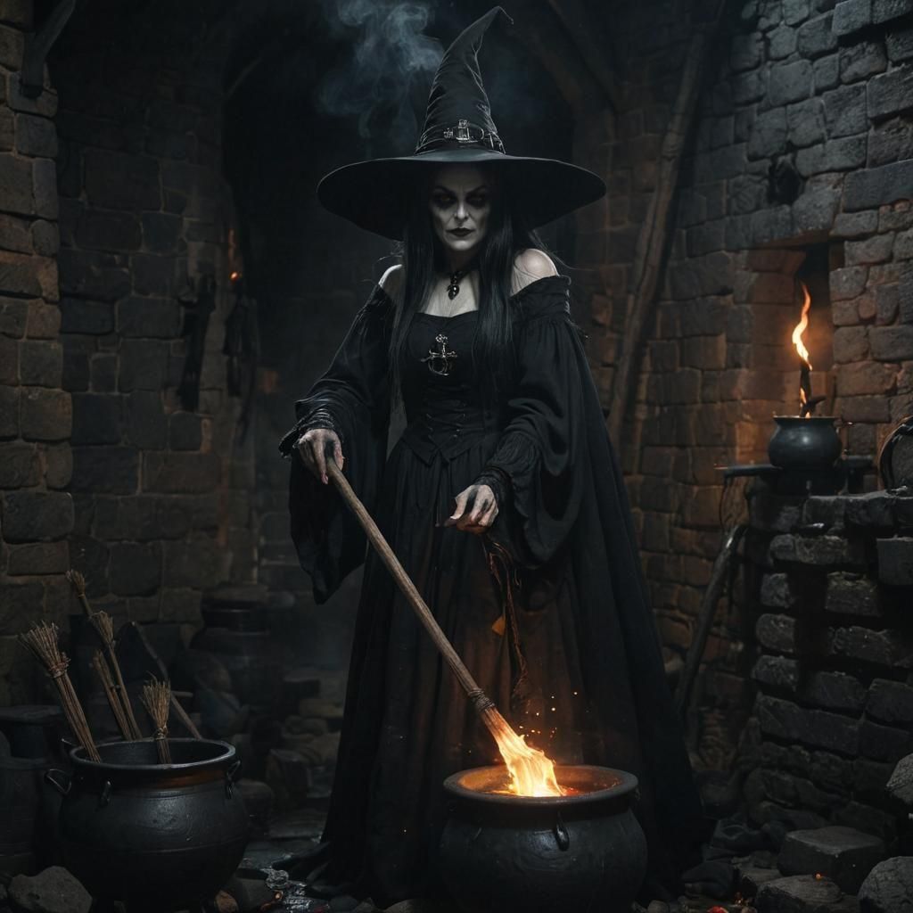 Scary Old Witch with Cauldron in Gothic Style