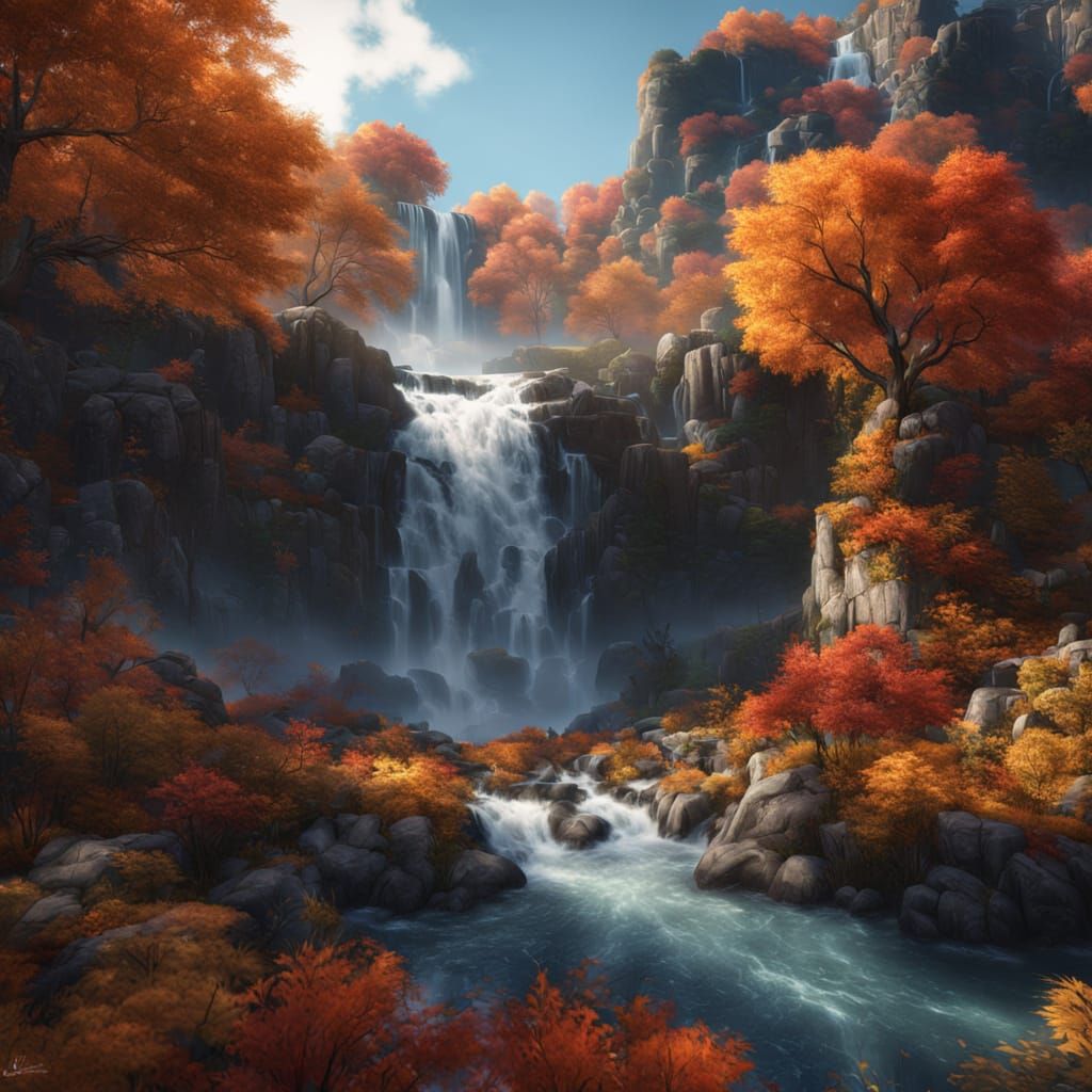 Fantastical Autumn Waterfall in Deep Color