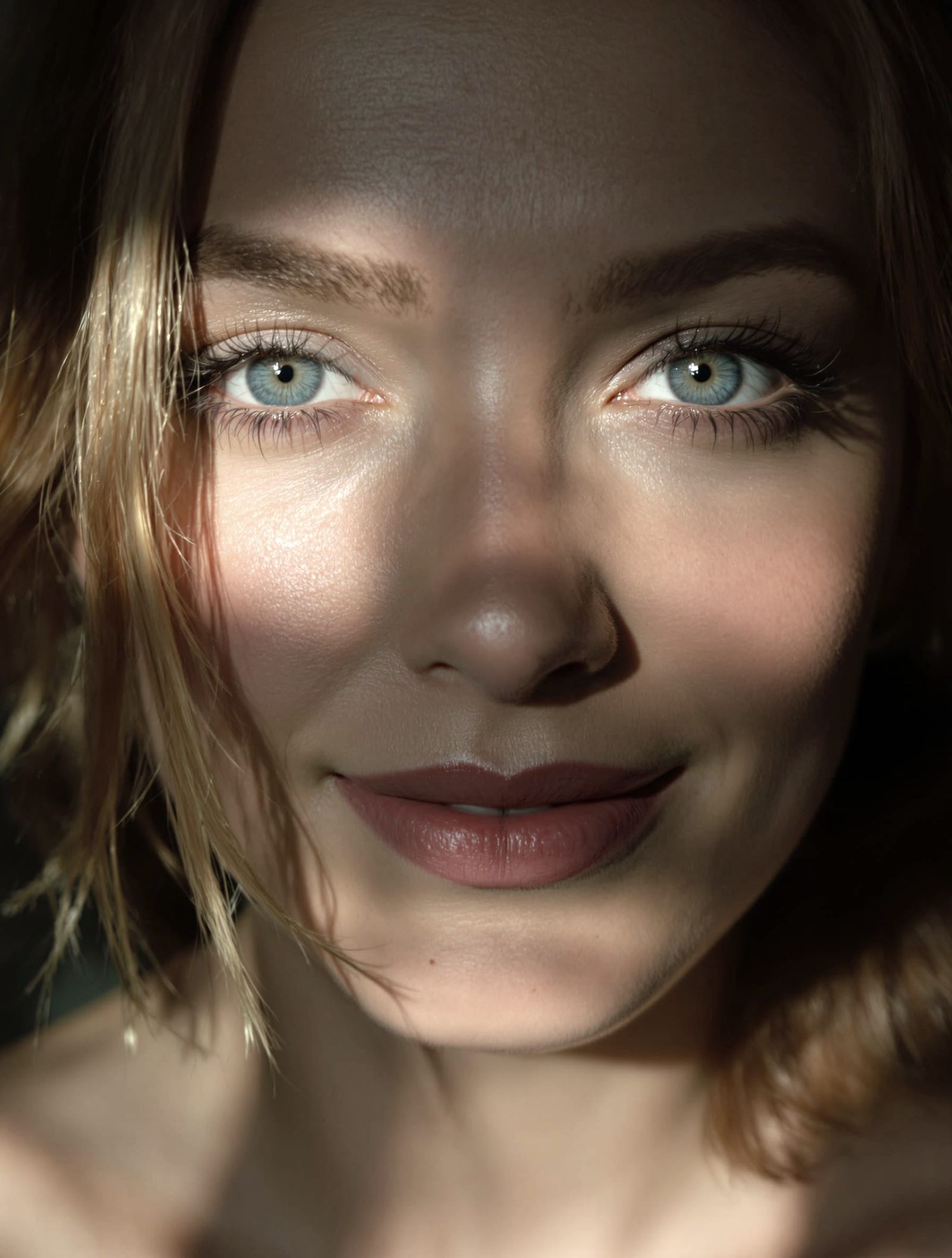 Chiaroscuro Portrait of Woman with Sharp Light Blue Eyes