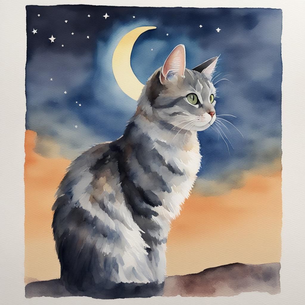 Chibi Cat Portrait in Watercolor Moonscape